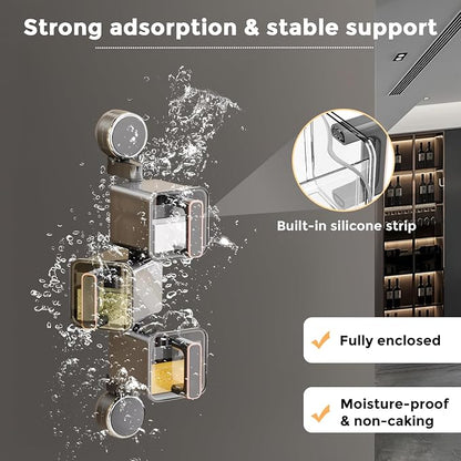Suction Cup Seasoning Holder, Wall Mounted Seasoning Organizer, Suction Seasoning Box with Spoon, 180° Rotatable Spice Rack, Sealed Moisture-Proof, Space Saving Kitchen Spice Storage Rack (1pc, GREY)