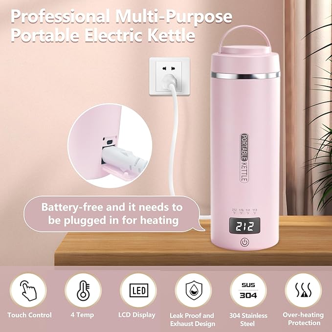 Travel Kettle, Portable Electric Kettle with 4 Temperature Controls, 304 Stainless Steel with Auto Shut-off & Leak Proof, Pink(120V)
