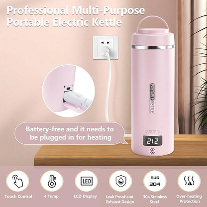 Travel Kettle, Portable Electric Kettle with 4 Temperature Controls, 304 Stainless Steel with Auto Shut-off & Leak Proof, Pink(120V)