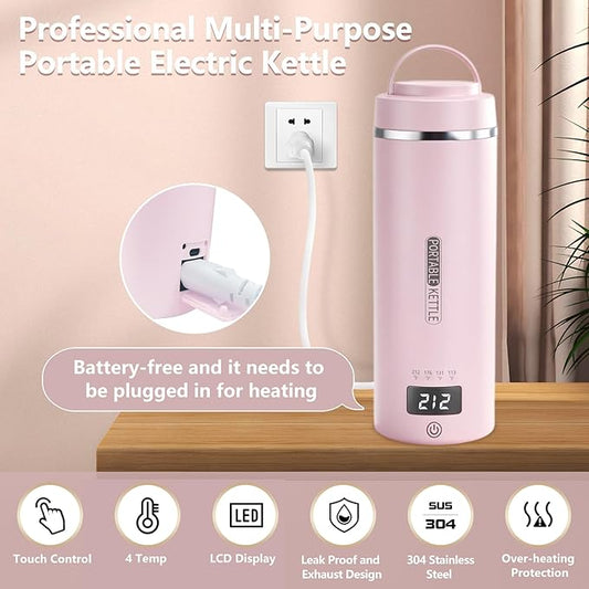 Travel Kettle, Portable Electric Kettle with 4 Temperature Controls, 304 Stainless Steel with Auto Shut-off & Leak Proof, Pink(120V)