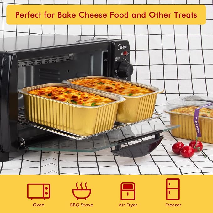 LNYZQUS 30oz Small Foil Pans with Lids 25 Pack, 7” x 5” Individual Baking Tins Deep Leftover Containers,Aluminum To Go Baked Food Containers Large Loaf Cake Pans Take Out Holders-Gold