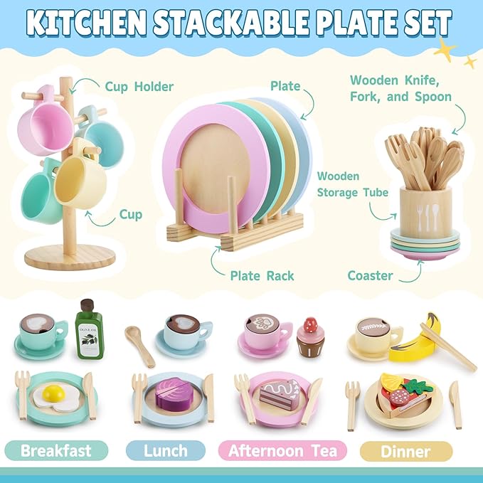 GAGAKU Kids Wooden Play Dishes Set -27Pcs Montessori Play Kitchen Accessories Plates and Bowls Set, Storage Stand & Play Food, Pretend Cooking Toys for Ages 3-5, Educational Gift for Toddler