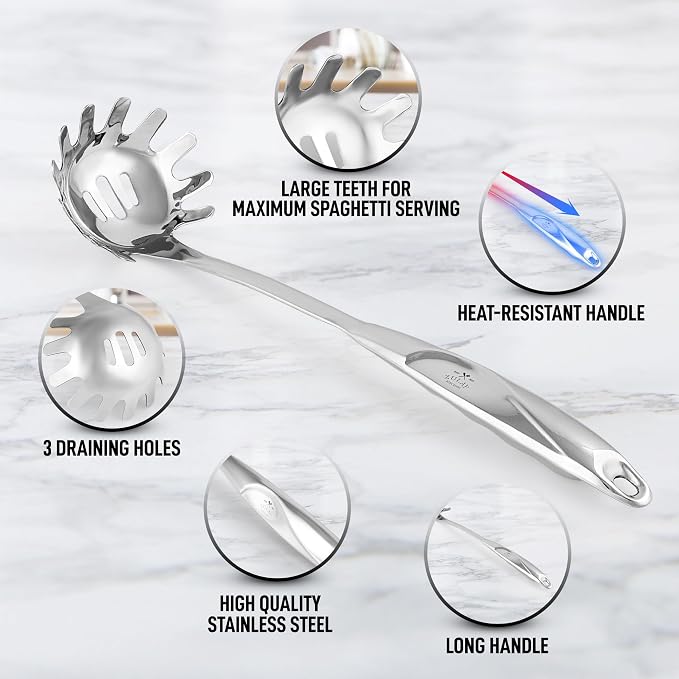 Zulay Kitchen Stainless Steel Pasta Spoon - 12” Spaghetti Server with Teeth & Draining Holes - Rust-Resistant Pasta Fork for Noodles & Pasta - Dishwasher Safe Utensil for Everyday Use