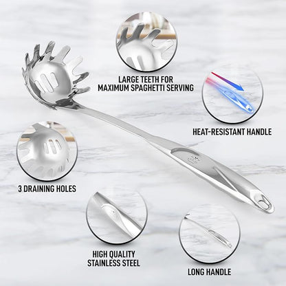 Zulay Kitchen Stainless Steel Pasta Spoon - 12” Spaghetti Server with Teeth & Draining Holes - Rust-Resistant Pasta Fork for Noodles & Pasta - Dishwasher Safe Utensil for Everyday Use