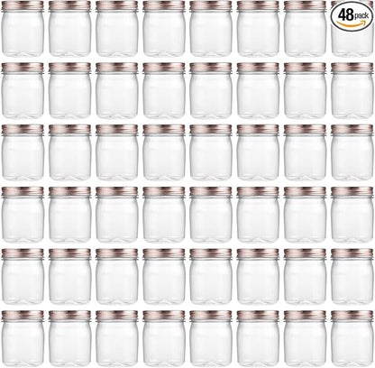 novelinks 8 oz Clear Plastic Jars with Airtight Lids, 48 Pack Plastic Mason Jars with Lids 8oz, Refillable Storage Slime Containers & Small Spice Jar for Kitchen Organization (48 Pack,Rose Gold)