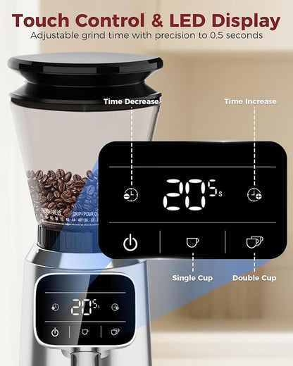 Tuni G2 Silver Conical Burr Coffee Grinder with Black Digital Coffee Scale, 70 Grind Settings Anti-static Burr Mill for Espresso/Drip/Cold Brew/French Press