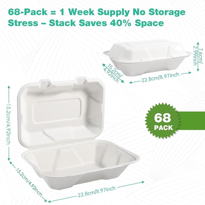 𝟵𝘅𝟲", 𝟲𝟴-𝗣𝗮𝗰𝗸 Clamshell Take Out Food Containers, Compostable Heavy-Duty Disposable Paper Lunch Boxes，Eco-Friendly Biodegradable To Go Containers For Food(White)