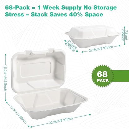 𝟵𝘅𝟲", 𝟲𝟴-𝗣𝗮𝗰𝗸 Clamshell Take Out Food Containers, Compostable Heavy-Duty Disposable Paper Lunch Boxes，Eco-Friendly Biodegradable To Go Containers For Food(White)
