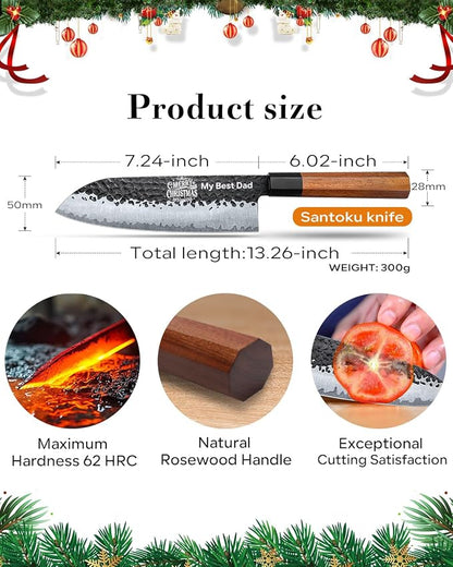 FAMCÜTE Engraved 7‘’ Japanese Santoku Knife, Hand Forged 5-Layer Steel Chef'Knife with Rosewood Handle, Memorial Gifts for husband, Ultra Sharp Kitchen Knife for Dad Birthday Gift (Luxury Wood Box)