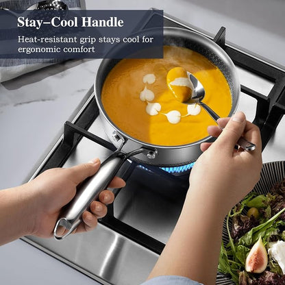 Hybrid Nonstick Pot Set,Stainless steel pot,1.5QT sauce pan,2 and 5 QT Stock Pot with Glass Lid,Dishwasher Safe,Oven Safe,Compatible for All Cooktops.