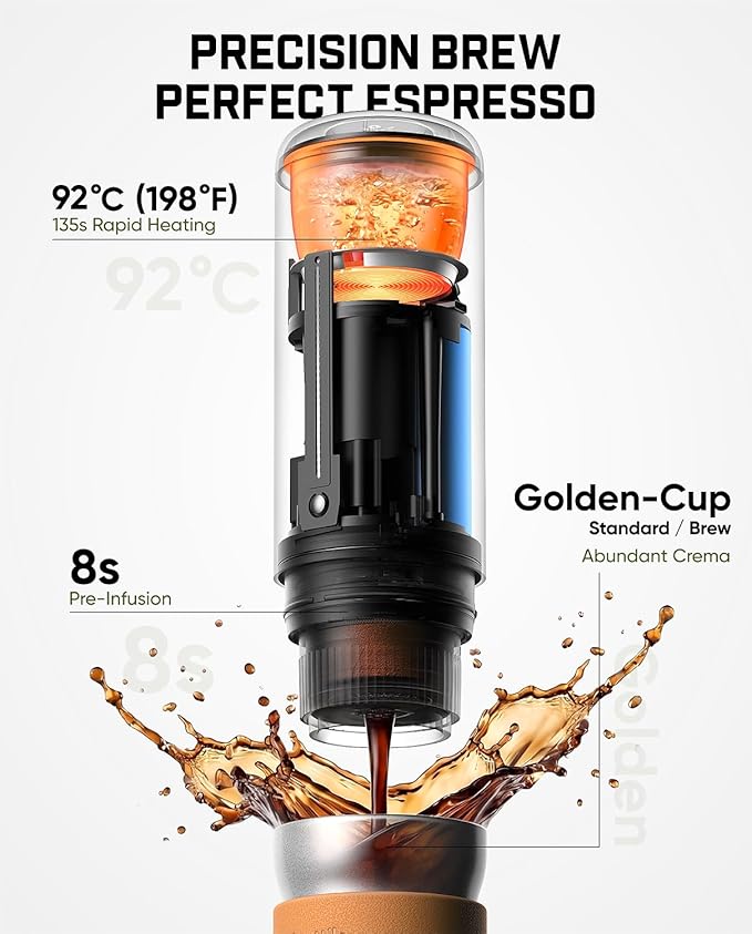 Fanttik Cafein 11 Portable Coffee Machine, Self-Heating Electric Espresso Machine with USB-C, 20 Bar Coffee Maker for Travel, Hiking, Gym and Office, Ideal for Dad