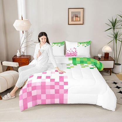 Manfei Pixelated Style Comforter Set Queen Size,Gamepad Miners Video Games Duvet Insert Adults Bedroom Decor,Miners Lattice Bedding Set,Pink Green Ultra Soft Microfiber Inner Fill 3Pcs Bedding