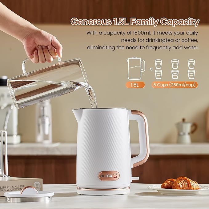OLEGA Electric Kettle: 1200W Fast Boil Electric Water Kettles, 1.5L Double Wall Stainless Steel Tea Kettle, Auto Shut-Off, BPA-Free Hot Water Boiler Teapot for Coffee & Tea (White)