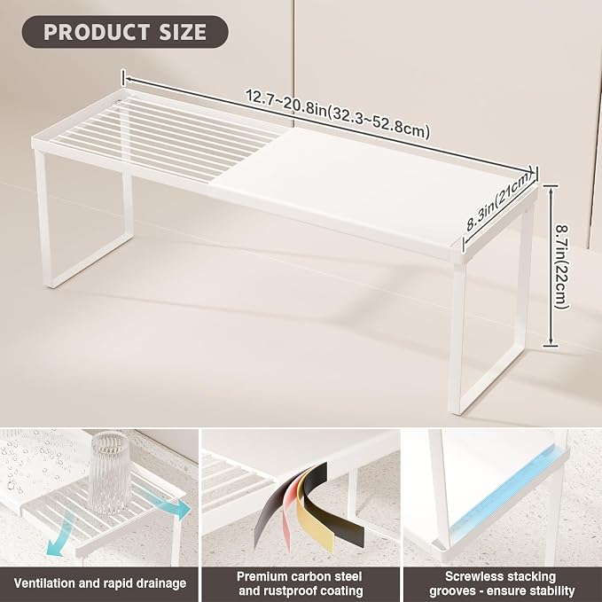 Magheo Expandable Cabinet Shelf Organizer, 1 Pack Stackable Kitchen Counter Shelf Riser, Metal Spice Rack Heavy Duty Countertop Organizer Storage for Kitchen, Pantry, Cupboard, Rv (8.7in Height,White)