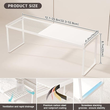 Magheo Expandable Cabinet Shelf Organizer, 2 Pack Stackable Kitchen Counter Shelf Riser, Metal Spice Rack Heavy Duty Countertop Organizer Storage for Kitchen, Pantry, Cupboard, Rv (8.7in Height,White)