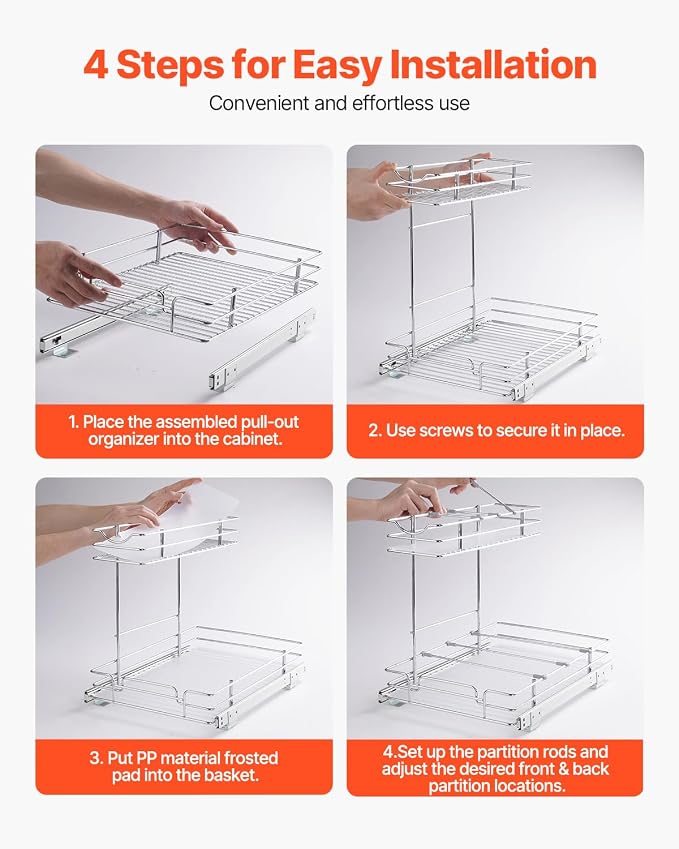 VEVOR 2 Tier Pull Out Cabinet Organizer, 12"W x 17"D Slide Out Pantry Shelves, Sliding Drawer Storage, Chrome-Plated Steel Heavy Duty Roll-out Drawers, for Inside Kitchen Cabinet, Bathroom, Under Sink