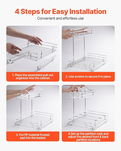 VEVOR 2 Tier Pull Out Cabinet Organizer, 12"W x 17"D Slide Out Pantry Shelves, Sliding Drawer Storage, Chrome-Plated Steel Heavy Duty Roll-out Drawers, for Inside Kitchen Cabinet, Bathroom, Under Sink