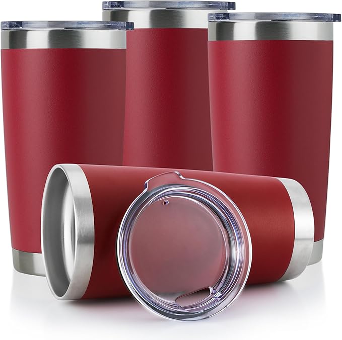 DOMICARE 20oz Stainless Steel Tumbler Bulk with Lid, Double Wall Vacuum Insulated Travel Mug, Powder Coated Coffee Cup, Powder Red, 4 Pack