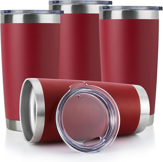 DOMICARE 20oz Stainless Steel Tumbler Bulk with Lid, Double Wall Vacuum Insulated Travel Mug, Powder Coated Coffee Cup, Powder Red, 4 Pack