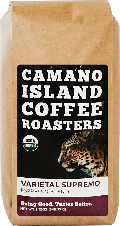 Camano Island Coffee Roasters Varietal Supremo Espresso Blend, Ground 12oz, Fresh Dark Roast, USDA Organic, Fairly Traded, Shade Grown Arabica, Chocolate, Caramel, Hint of Spice Flavor Profile