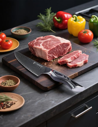 Chef Knife 8 Inch - Professional Japanese Kitchen Knife - Black Damascus Steel with Ergonomic Handle - MIAO Series