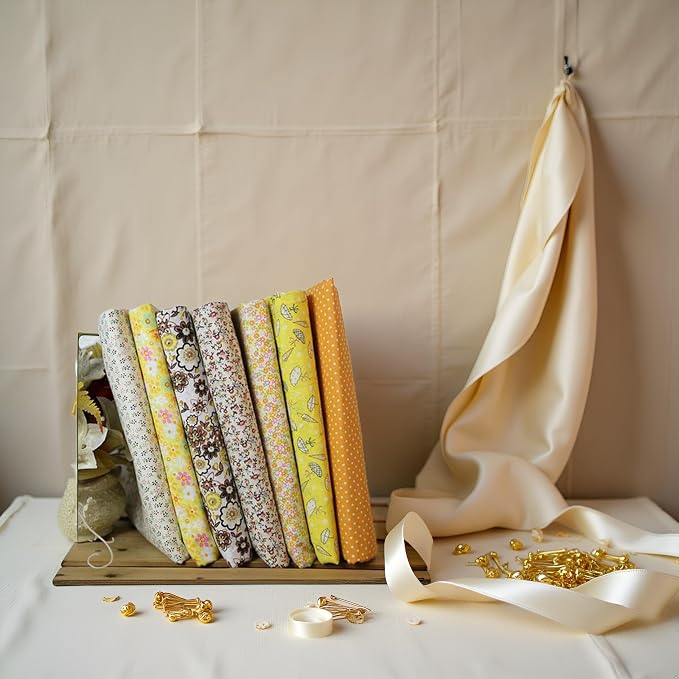 7Pcs Square Shape, Flower, Striped, Polka Dot Cotton Fabric for Sewing, 25x25cm Cotton Flower Polka Dot Bundle DIY Patchwork Quilt Cloth,Craft and Hobby Fabric (Yellow)