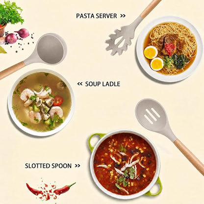MIBOTE Silicone Cooking Kitchen Utensils Set with Holder, Wooden Handles BPA Free Non Toxic Silicone Turner Tongs Spatula Spoon Kitchen Gadgets Utensil Set for Nonstick Cookware (Khaki)