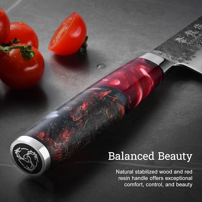 Japanese Chef Knife, 7 Inch Hand Forged Santoku Knife with VG10 Steel, Chefs Knives for Professional & Home Kitchen, Sharp Kitchen Knives with Red Ergonomic Handle, Cooking Gifts for Men and Women
