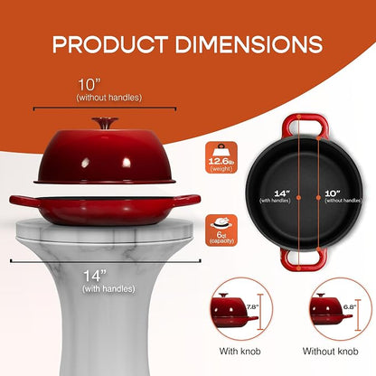 Krustic Enameled Cast Iron Dutch Oven for Sourdough Bread Baking | 6 Quart Round Pot with Lid | 10 Inch Ceramic Enamel Thick Coated Cookware Set with Non Stick Silicone Baking Mat for Cooking | 6 Qt | Red