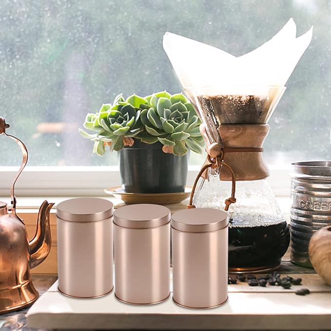 Yesland 6 Pack Tea Tin Canister with Airtight Double Lids, 12 Fluid Oz Tin Can Box and Small Round Kitchen Canisters for Loose Tea, Coffee, Candy, Herbs and Spices(Rose Gold)
