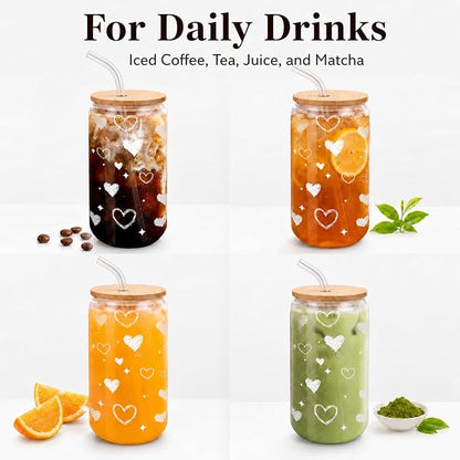 Glass Cup with Lid and Straw, 16 oz Cute Iced Coffee Cup with Heart Design, Bamboo Lid, Glass Straw and Brush for Desk, Dorm, Girlfriend or Best Friend