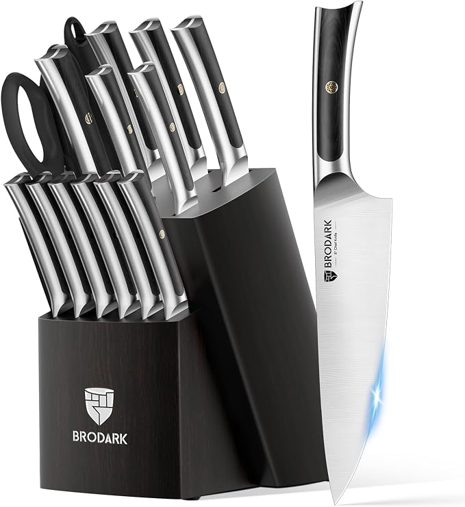 BRODARK 15 PCS Knife Set with Block,Pakkawood Handle Kitchen Knife Set | Ultra Sharp Chef Knife set with sharpener, High Carbon Stainless Steel, Non-Slip Grip for Cooking, Gift Box for Dad Father