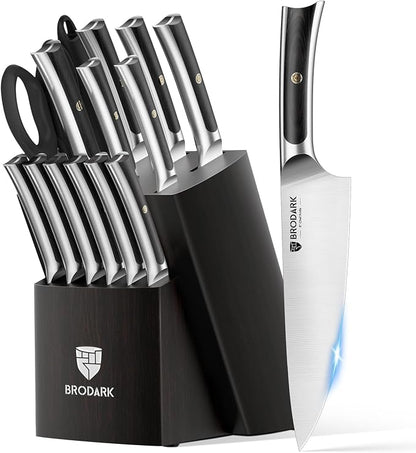 BRODARK 15 PCS Knife Set with Block,Pakkawood Handle Kitchen Knife Set | Ultra Sharp Chef Knife set with sharpener, High Carbon Stainless Steel, Non-Slip Grip for Cooking, Gift Box for Dad Father