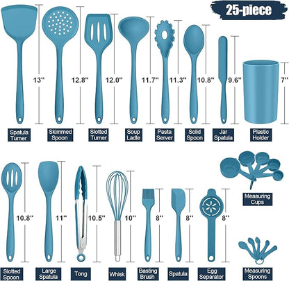 E-far Silicone Cooking Utensils Set, 25 Piece Kitchen Utensils with Holder, Non Toxic Kitchen Tools Spatula, Turner, Spoon, Ladle for Nonstick Cookware, Heat Resistant & Dishwasher Safe - Blue