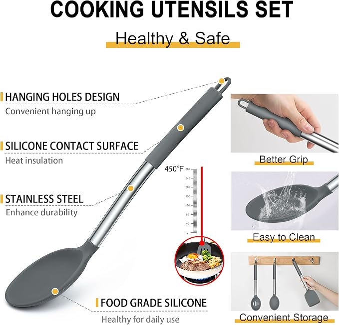 Silicone Kitchen Utensils Set, E-far 30-Piece Cooking Utensils Set with Holder, Heat Resistant Kitchen Spatulas Turner Tong Spoon Whisk Ladle for Nonstick Cookware, Stainless Steel Handle (Gray)