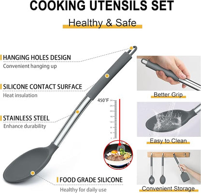 Silicone Kitchen Utensils Set, E-far 30-Piece Cooking Utensils Set with Holder, Heat Resistant Kitchen Spatulas Turner Tong Spoon Whisk Ladle for Nonstick Cookware, Stainless Steel Handle (Gray)