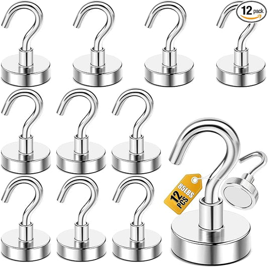 DIYMAG Magnetic Hooks, 85 LB Silver Heavy Duty Strong Magnet with Hook, Rare Earth Neodymium Magnets for Hanging, Magnetics Hanger for Curtain, Home, Kitchen, Workplace, 12 Packs