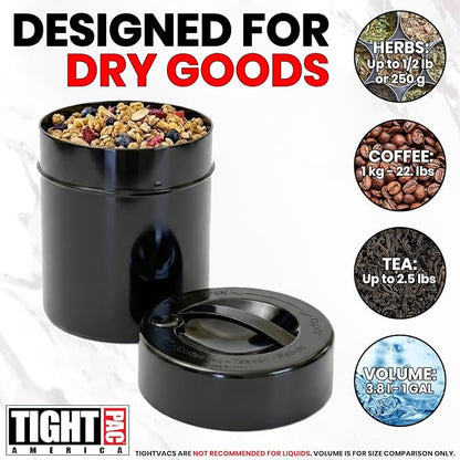 Tightpac Kilovac Airtight Coffee Container – Multi-Use Vacuum Container for Coffee Bean Storage, Grounds & Bulk Dry Goods – 2.5 lbs / 40 oz / 3.8L, Wide-Mouth, Patented Vacuum Seal, Black