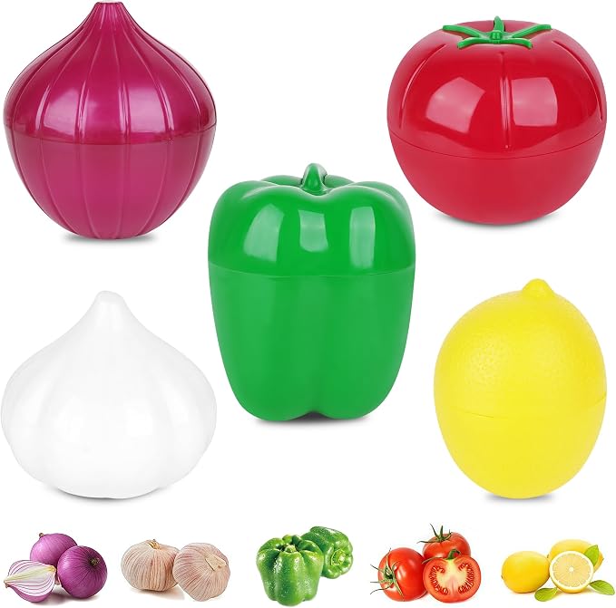 LUWOO 5Pcs Fruit and Vegetable Savers, Stays Fresh Longer for Onion Tomato Green Pepper Garlic Lemon Food Container Box, Reusable Storage Holder for Fridge Refrigerator