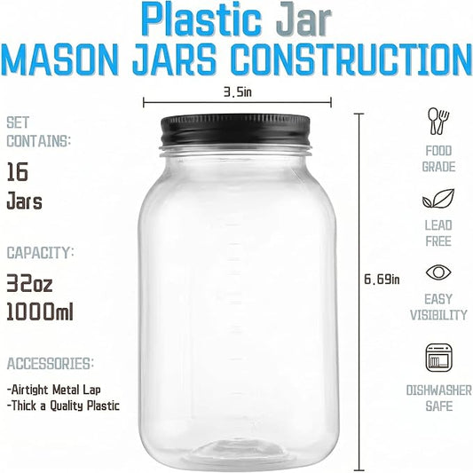 novelinks 32 oz Clear Plastic Jars with Lids, 16 Pack Large Plastic Mason Jars with Lids 32oz, Reusable Quart Containers for Kitchen Organization (16 Pack,Black)