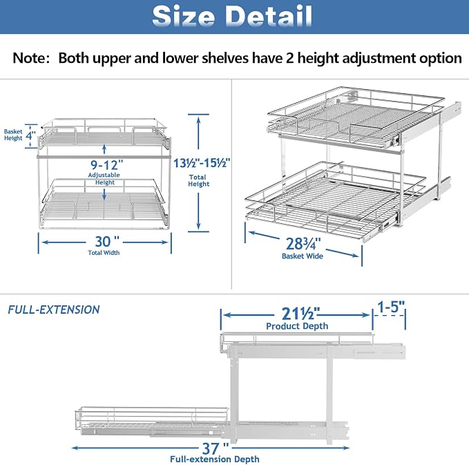 2 Tier Individual Pull Out Cabinet Organizer 30" W x 21½" D, Heavy Duty Cabinet Pull Out Shelves, Slide Out Drawers Organization for Kitchen Cabinets Bathroom