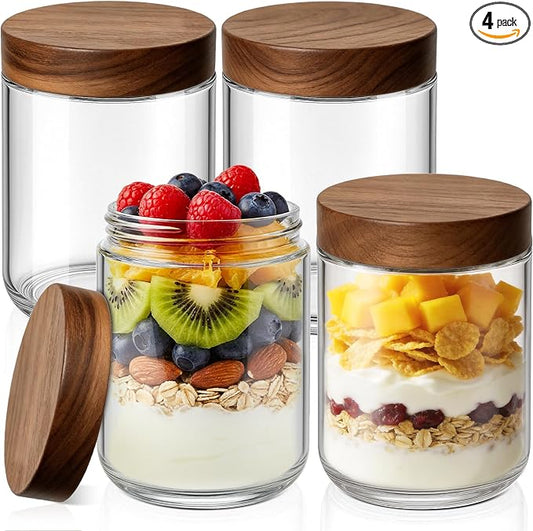 Bumobum 16 oz Overnight Oats Containers with Lids, Glass Mason Jars with Acacia Wood Airtight Lid, Wide Mouth Glass Canisters for Food Storage Chia Pudding Snacks Yogurt Spice Meal Prep, 4-Pack