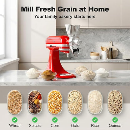 Grain Mill Attachment for KitchenAid, Food-Grade All-Metal 9 Levels Flour Mill for KitchenAid Stand Mixer, Fit for Millet, Wheat, Grain Corn, Coffee Beans, Dry Low-Oil Grains