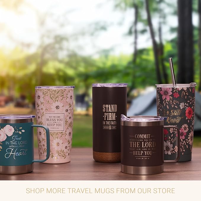 Christian Art Gifts Stainless Steel Scripture Tumbler Travel Mug for Women: All Things Through Christ Inspirational Bible Verse, Double-wall Vacuum Insulated w/Lid Hot/Cold, Navy Blue Floral, 18oz.