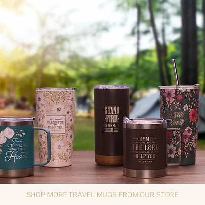Christian Art Gifts Stainless Steel Scripture Tumbler Travel Mug for Women: All Things Through Christ Inspirational Bible Verse, Double-wall Vacuum Insulated w/Lid Hot/Cold, Navy Blue Floral, 18oz.