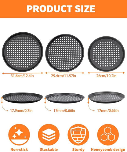 3 PCS Nonstick Pizza Pan with Holes,10/11/12 In Perforated Carbon Steel Pizza Tray for Oven, Round Bakeware Pizza Tray for Home Restaurant Kitchen