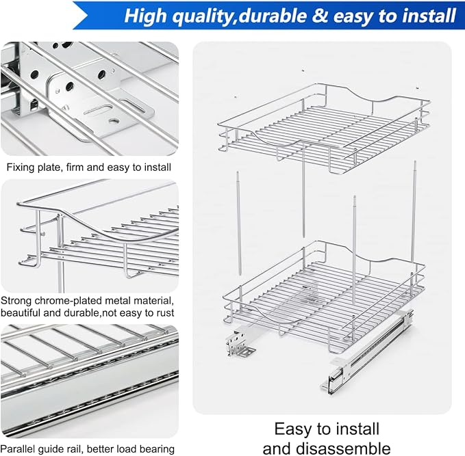 FULGENTE Chrome Finish Pull Out Drawer Cabinet Organizer 2 Tier (14" W X 18" D) Sliding Drawers For Kitchen Cabinets Cookware Organizer Drawer For Cabinet Slide Out Shelves