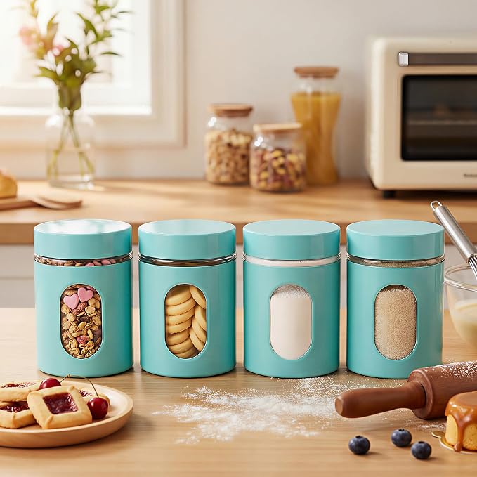 Mimorou 3 Pcs Stainless Steel Canister Set with Glass Windows Visible Storage Jars Silver Kitchen Canister Set for Pasta Flour Oat Sugar Container, Kitchen Tools, Housewarming Gifts(Turquoise,20 oz)