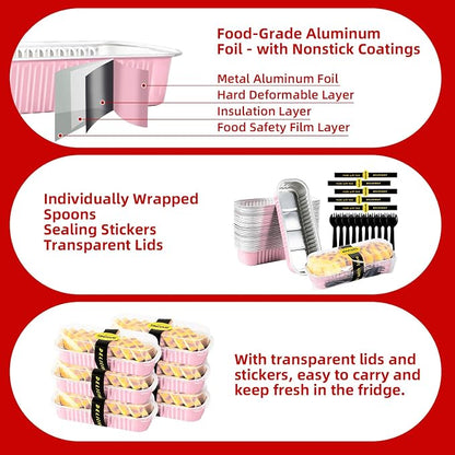 Mini Loaf Pans with Lids and Spoons Sealing Sticker,6.8oz Cake Pans for Baking Disposable Aluminum Foil Pink/Red cake pan (30, Pink)