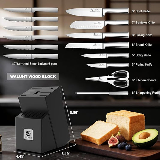 imarku Knife Set - 15PCS Kitchen Knife Set Japanese High Carbon Stainless Steel Knives Set for Kitchen, Dishwasher Safe Ultra Sharp Professional Chef Well Balance Knife Block Set, Black